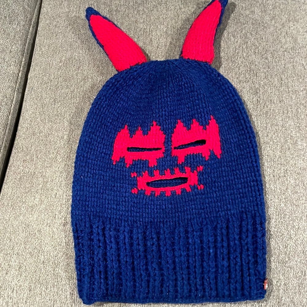 Men's Blue Knit Beanie with Pink Accent Ears
